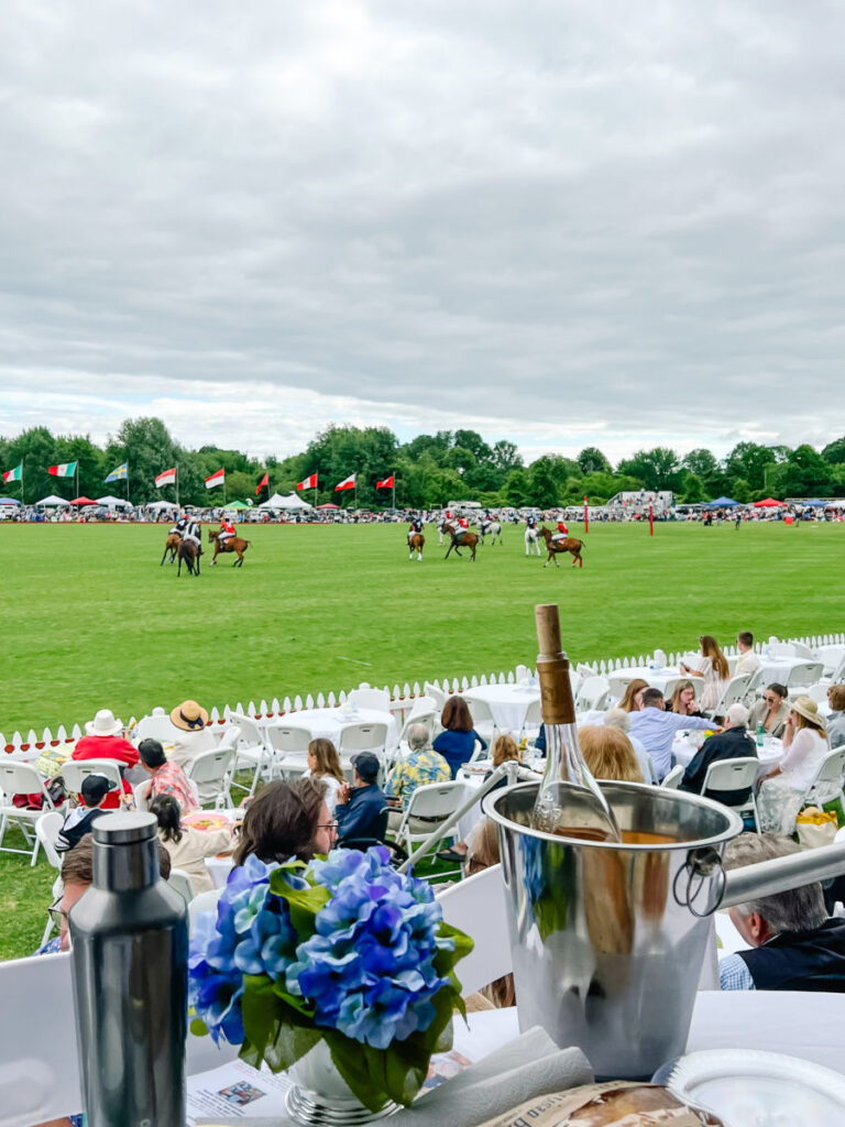 Newport Polo field with picnic grounds and bottle of wine in a wine bucket in the foreground